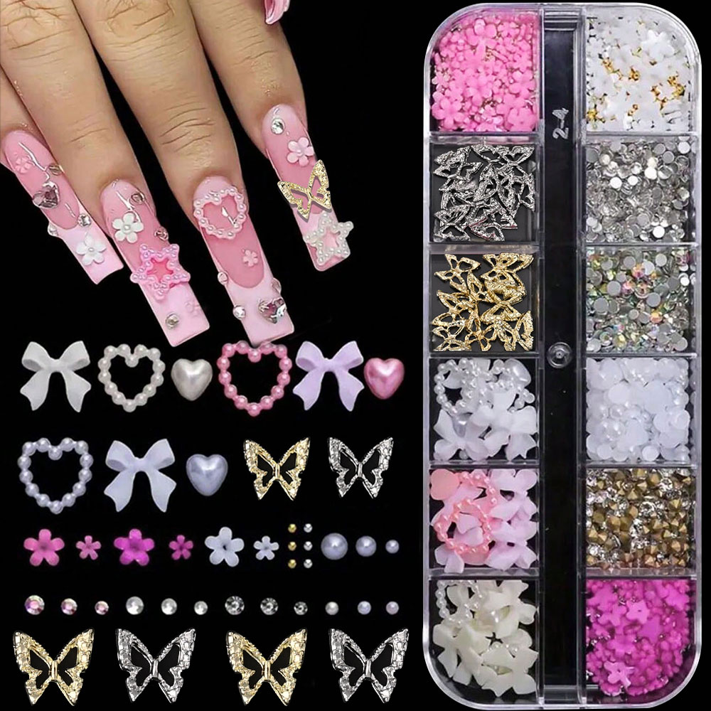 Crystal Bead Mix - 12 Grid Perhiasan Seni Kuku Busur